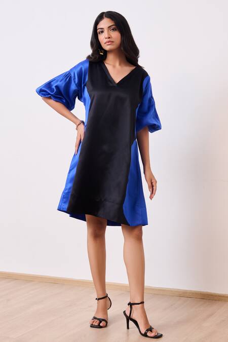 Shop_Moontara_Black Cotton Satin V-neck Color Blocked Dress _Online_at_Aza_Fashions