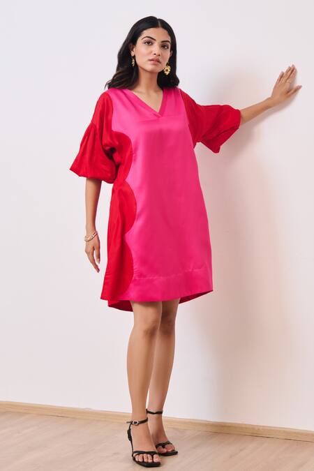 Buy_Moontara_Red Cotton Satin V-neck Color Blocked Short Dress _Online_at_Aza_Fashions
