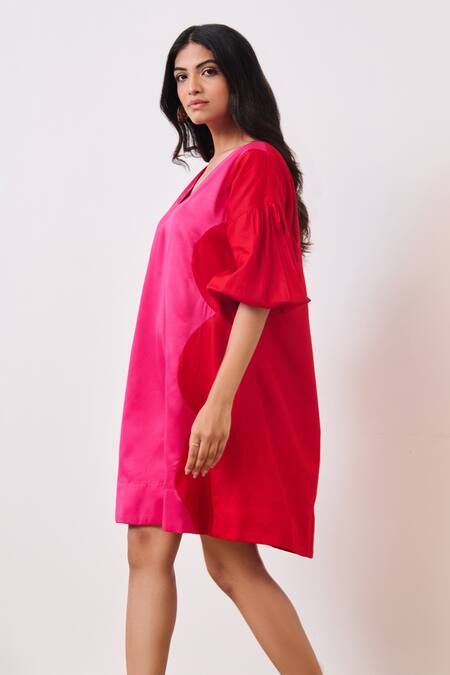 Shop_Moontara_Red Cotton Satin V-neck Color Blocked Short Dress _Online_at_Aza_Fashions