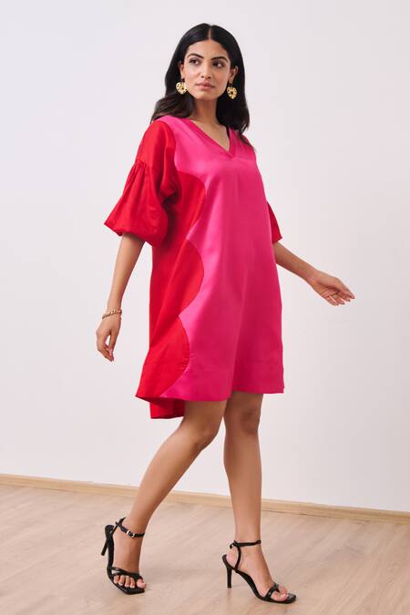Moontara_Red Cotton Satin V-neck Color Blocked Short Dress _at_Aza_Fashions