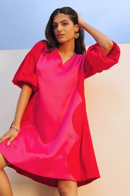 Buy_Moontara_Red Cotton Satin V-neck Color Blocked Short Dress 