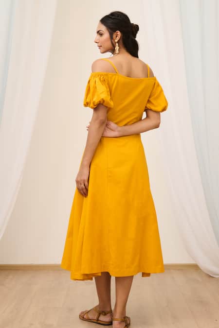 Moontara Solid Cold Shoulder A-Line Dress 