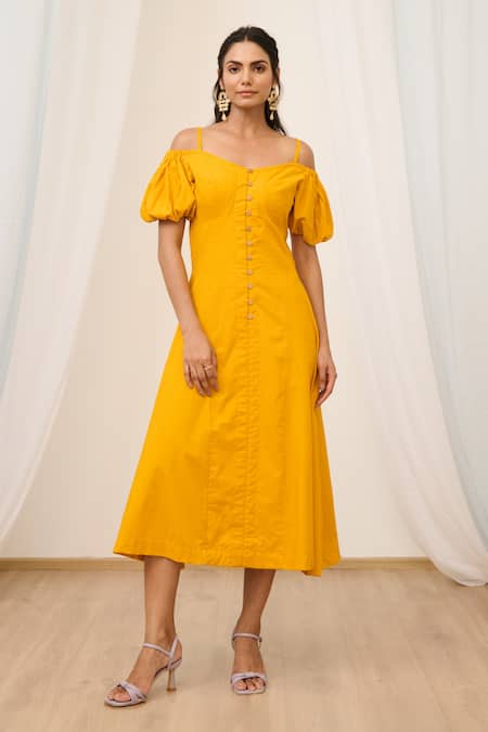 Moontara_Orange Poplin Square Neck Solid Cold Shoulder A-line Dress _Online_at_Aza_Fashions
