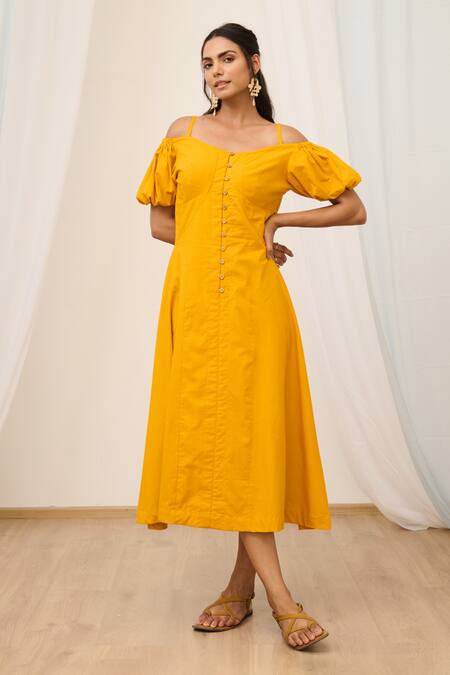 Buy_Moontara_Orange Poplin Square Neck Solid Cold Shoulder A-line Dress _Online_at_Aza_Fashions