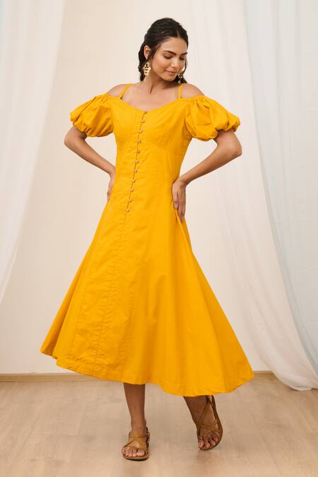 Shop_Moontara_Orange Poplin Square Neck Solid Cold Shoulder A-line Dress _Online_at_Aza_Fashions