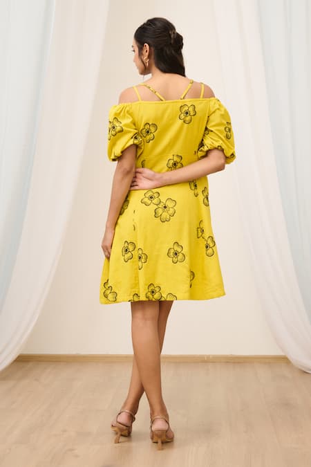 Moontara Yellow Embroidered Cold Shoulder Dress 