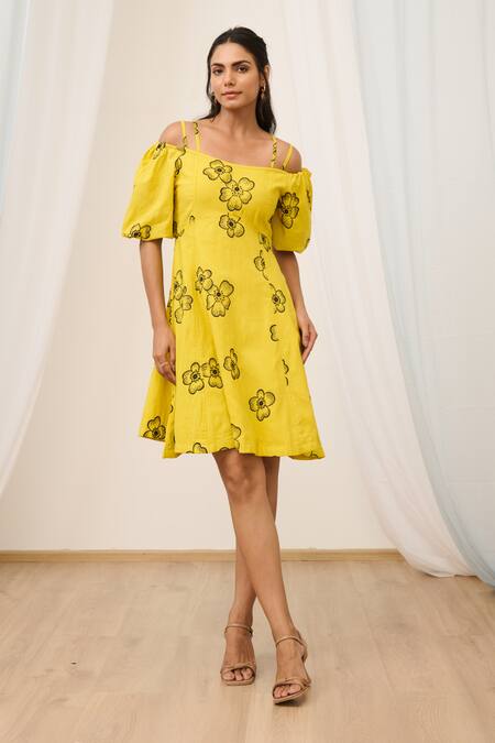 Moontara_Yellow Cotton Embroidery Square Neck Cold Shoulder Dress _Online_at_Aza_Fashions