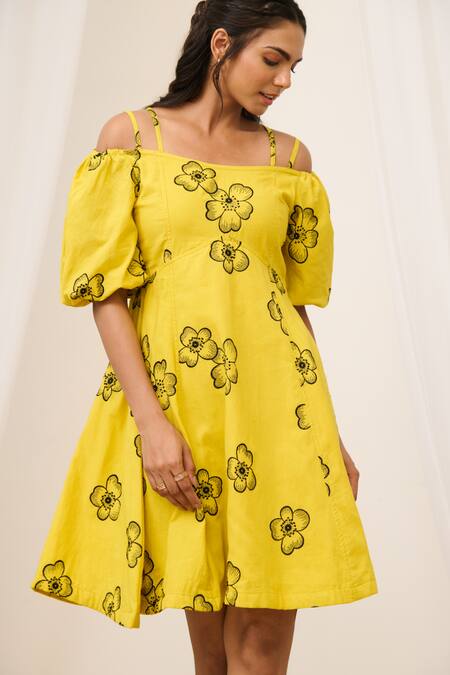 Buy_Moontara_Yellow Cotton Embroidery Square Neck Cold Shoulder Dress _Online_at_Aza_Fashions