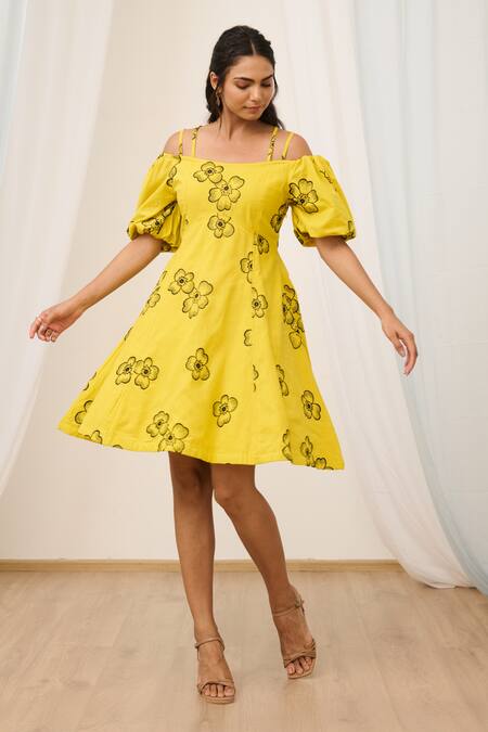 Shop_Moontara_Yellow Cotton Embroidery Square Neck Cold Shoulder Dress _Online_at_Aza_Fashions