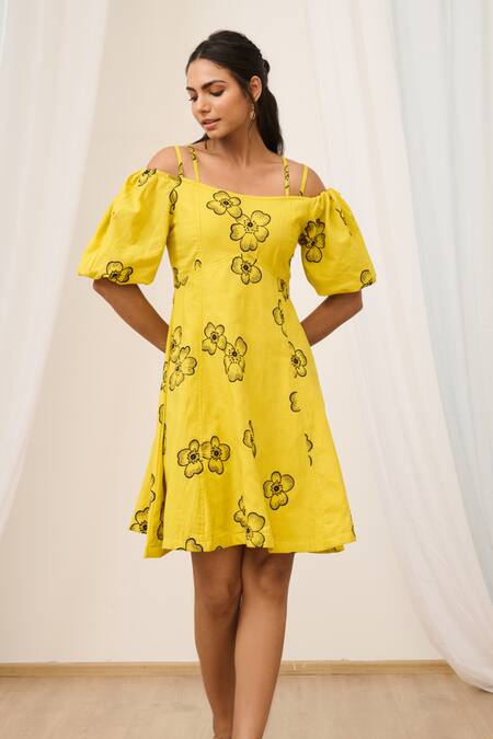Moontara_Yellow Cotton Embroidery Square Neck Cold Shoulder Dress _at_Aza_Fashions