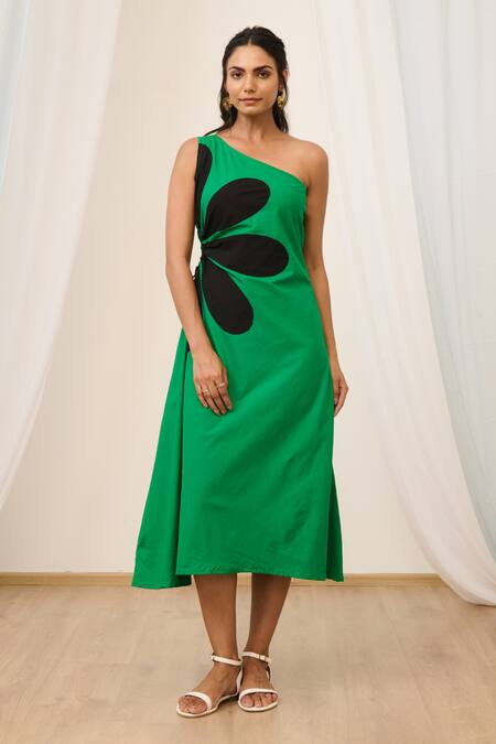 Moontara_Green Poplin Tassels One Shoulder Floral Embroidered Dress _Online_at_Aza_Fashions