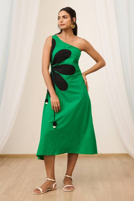 Buy_Moontara_Green Poplin Tassels One Shoulder Floral Embroidered Dress _Online_at_Aza_Fashions