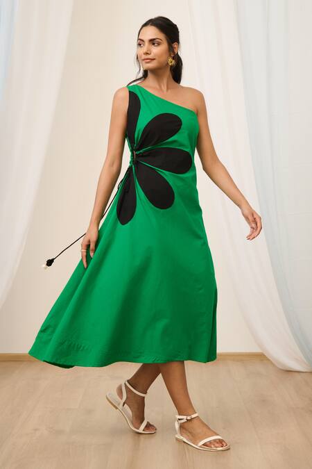 Shop_Moontara_Green Poplin Tassels One Shoulder Floral Embroidered Dress _Online_at_Aza_Fashions