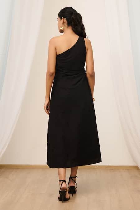 Moontara Floral Embroidered One Shoulder Midi Dress 