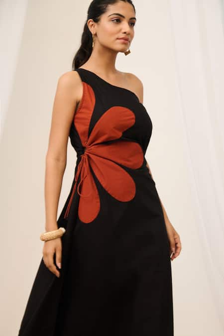 Shop_Moontara_Black Poplin Embroidery, Tassels One Shoulder Floral Midi Dress _Online_at_Aza_Fashions