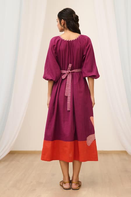 Moontara Floral Patchwork Embroidered Midi Dress 