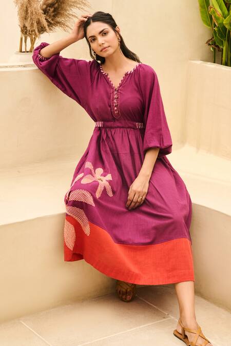 Moontara_Maroon Cotton Embroidery, Patchwork Open Neck Floral Midi Dress _Online_at_Aza_Fashions