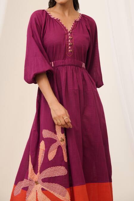Buy_Moontara_Maroon Cotton Embroidery, Patchwork Open Neck Floral Midi Dress _Online_at_Aza_Fashions