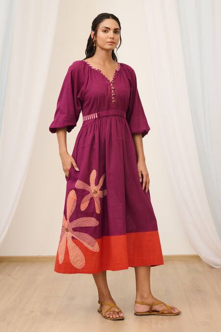 Shop_Moontara_Maroon Cotton Embroidery, Patchwork Open Neck Floral Midi Dress _Online_at_Aza_Fashions