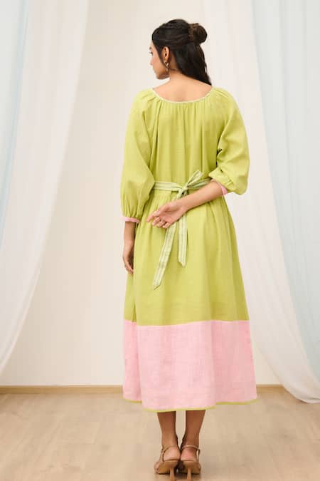 Moontara Green & Pink Colour Block Embroidered Dress 
