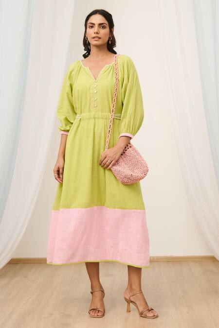 Buy_Moontara_Green Cotton Embroidery Open Neck And Pink Colour Block Dress _Online_at_Aza_Fashions