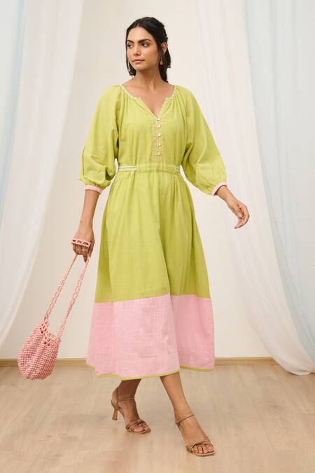 Shop_Moontara_Green Cotton Embroidery Open Neck And Pink Colour Block Dress _Online_at_Aza_Fashions