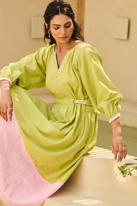 Moontara_Green Cotton Embroidery Open Neck And Pink Colour Block Dress _at_Aza_Fashions