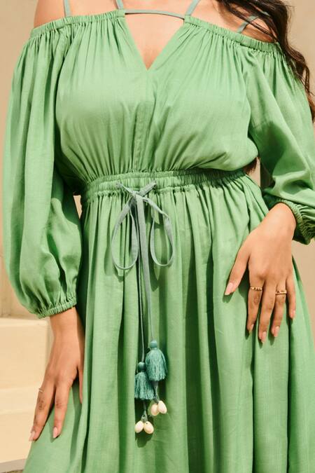 Buy_Moontara_Green Cotton Tassels Square Neck Colour Block Midi Dress With Waist Tie _Online_at_Aza_Fashions