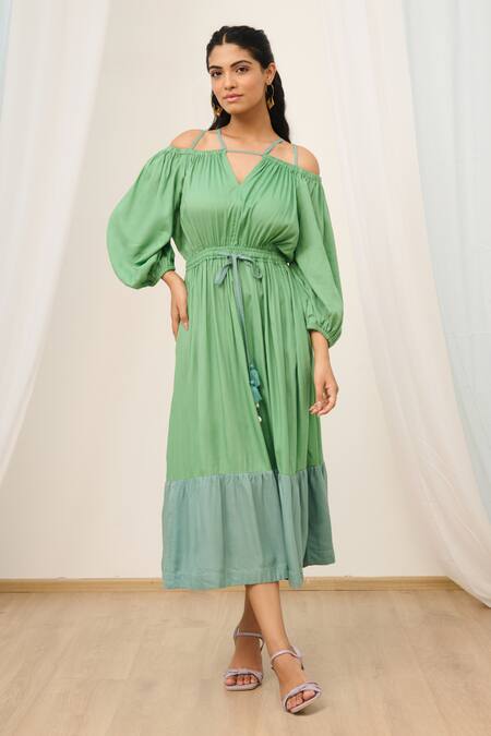 Shop_Moontara_Green Cotton Tassels Square Neck Colour Block Midi Dress With Waist Tie _Online_at_Aza_Fashions