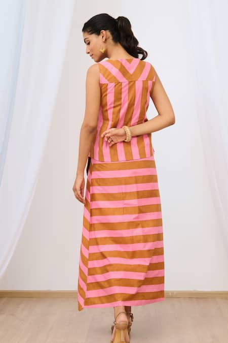 Moontara Pink Stripe Print Wrap Top & Asymmetric Skirt 