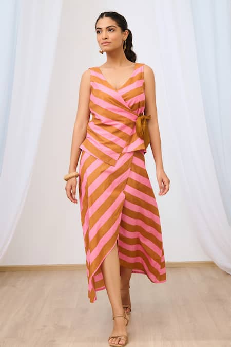 Buy_Moontara_Pink Cotton V-neck Stripe Print Wrap Top And Asymmetric Skirt _Online_at_Aza_Fashions