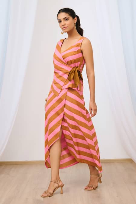Moontara_Pink Cotton V-neck Stripe Print Wrap Top And Asymmetric Skirt _at_Aza_Fashions