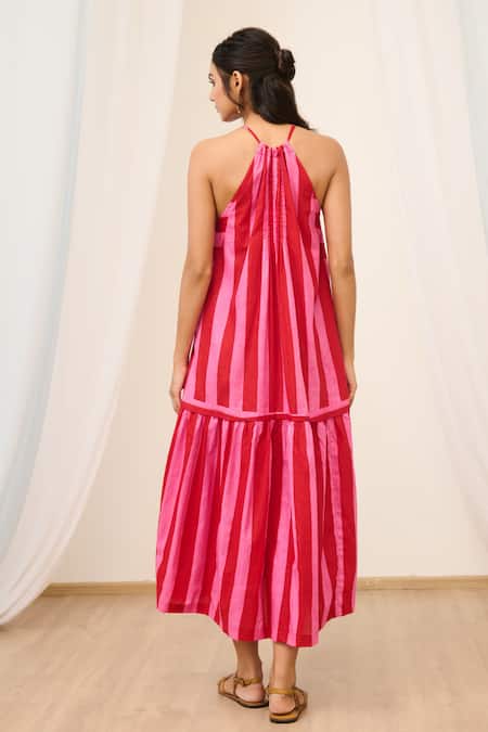 Moontara Pink Stripe Print Tiered Dress 