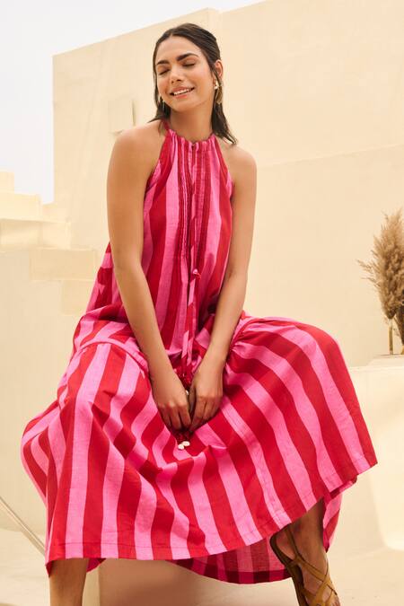 Moontara_Pink Cotton Pom-poms Halter Neck Stripe Print Tiered Dress _Online_at_Aza_Fashions