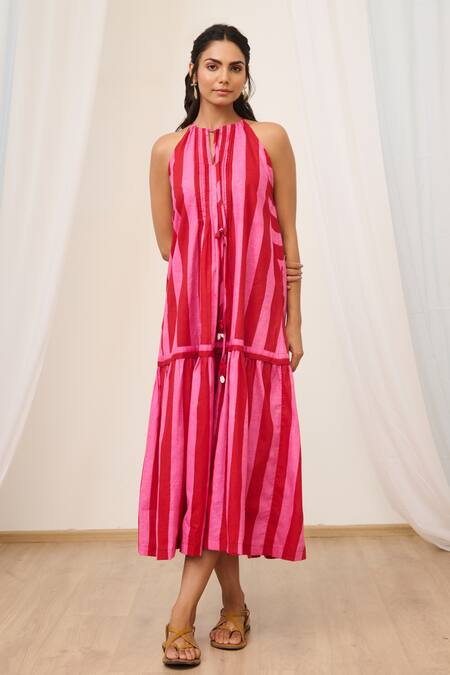 Buy_Moontara_Pink Cotton Pom-poms Halter Neck Stripe Print Tiered Dress _Online_at_Aza_Fashions