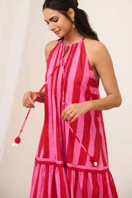 Moontara_Pink Cotton Pom-poms Halter Neck Stripe Print Tiered Dress _at_Aza_Fashions