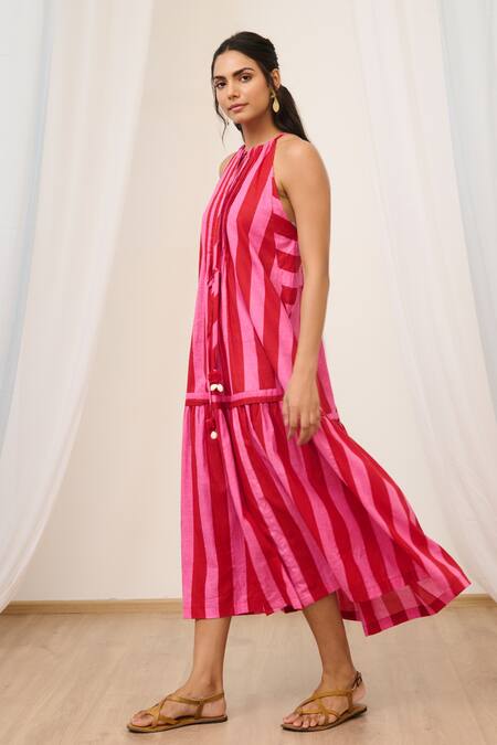 Buy_Moontara_Pink Cotton Pom-poms Halter Neck Stripe Print Tiered Dress 