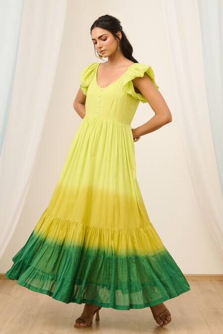 Shop_Moontara_Green Cotton, Voile V-neck Ombre Tiered Maxi Dress _Online_at_Aza_Fashions