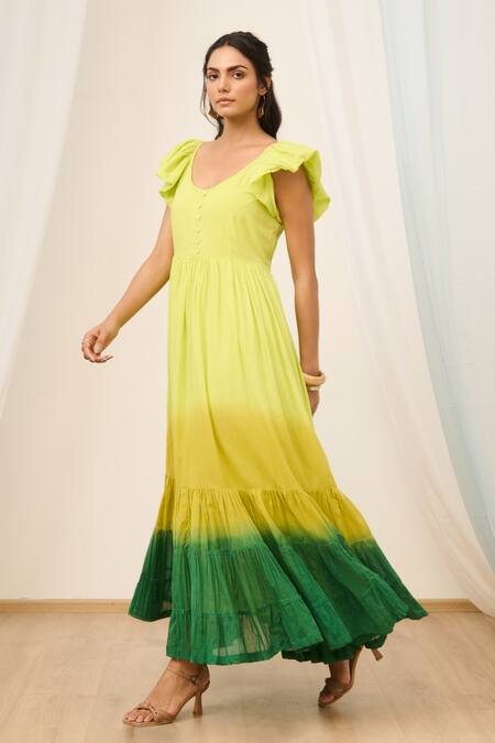 Moontara_Green Cotton, Voile V-neck Ombre Tiered Maxi Dress _at_Aza_Fashions