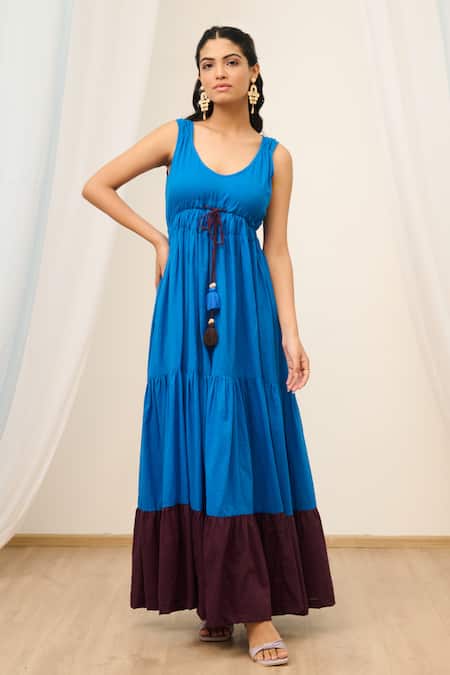 Moontara_Blue Cotton Tassels Scoop Neck Tiered Colour Block Maxi Dress _Online_at_Aza_Fashions