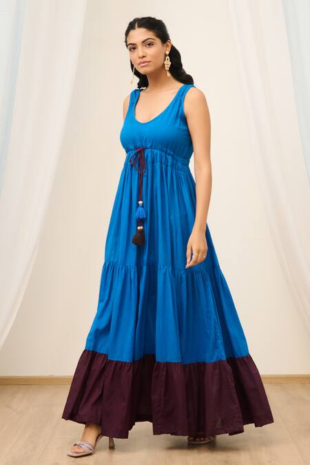 Shop_Moontara_Blue Cotton Tassels Scoop Neck Tiered Colour Block Maxi Dress _Online_at_Aza_Fashions