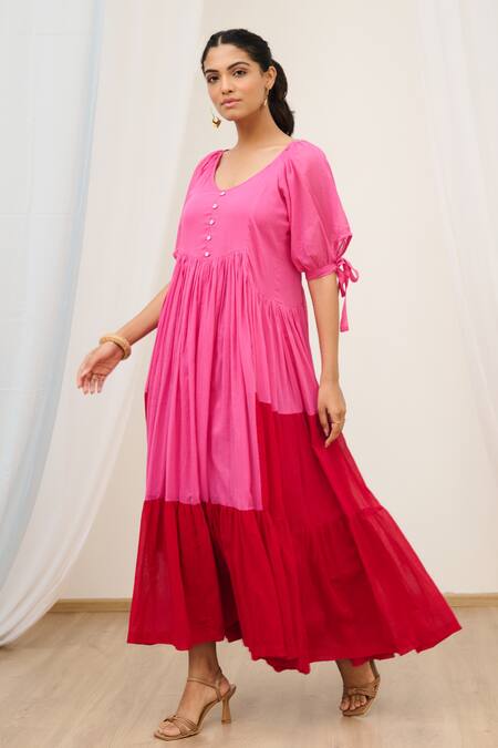 Moontara_Pink Cotton, Voile Tassels Scoop Neck Colour Block Tiered Maxi Dress _Online_at_Aza_Fashions