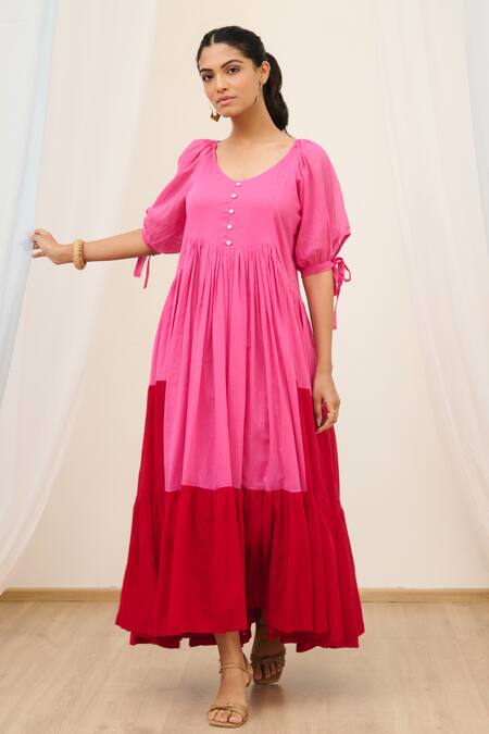 Buy_Moontara_Pink Cotton, Voile Tassels Scoop Neck Colour Block Tiered Maxi Dress _Online_at_Aza_Fashions