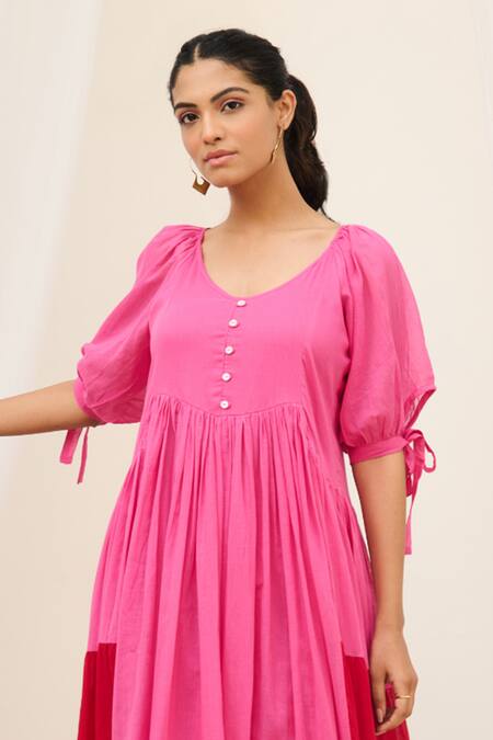 Shop_Moontara_Pink Cotton, Voile Tassels Scoop Neck Colour Block Tiered Maxi Dress _Online_at_Aza_Fashions