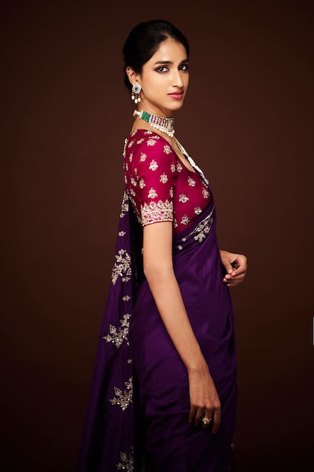 Shop_Issa Studio By Chetana & Swathi_Magenta Silk Sequins, Zari Sweetheart Neck Embroidered Blouse _Online_at_Aza_Fashions