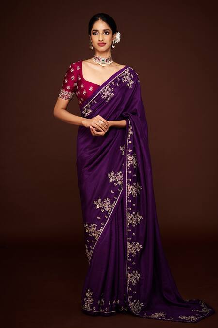 Issa Studio By Chetana & Swathi_Purple Silk Cut Work, Sequins, Zari Embroidered Saree _Online_at_Aza_Fashions