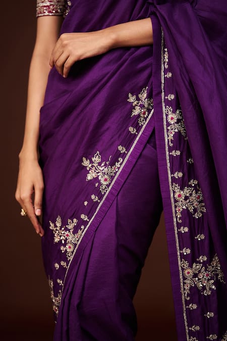 Buy_Issa Studio By Chetana & Swathi_Purple Silk Cut Work, Sequins, Zari Embroidered Saree _Online_at_Aza_Fashions