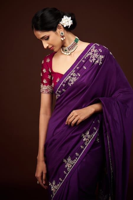 Issa Studio By Chetana & Swathi_Purple Silk Cut Work, Sequins, Zari Embroidered Saree _at_Aza_Fashions