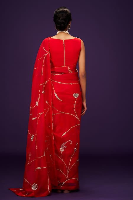 Shop Issa Studio By Chetana & Swathi Red Organza Sequins, Zari Chilli Zardozi Embroidered Saree at Aza Fashions Shop_Issa Studio By Chetana & Swathi_Red Organza Sequins, Zari Chilli Zardozi Embroidered Saree _at_Aza_Fashions