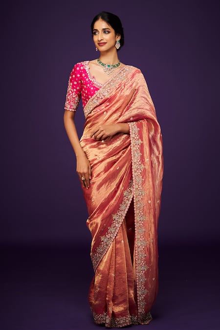 Shop Issa Studio By Chetana & Swathi Pink Tissue Zari, Sequins Sweetheart Neck Hot Embroidered Scalloped Blouse Online at Aza Fashions Shop_Issa Studio By Chetana & Swathi_Pink Tissue Zari, Sequins Sweetheart Neck Hot Embroidered Scalloped Blouse _Online_at_Aza_Fashions